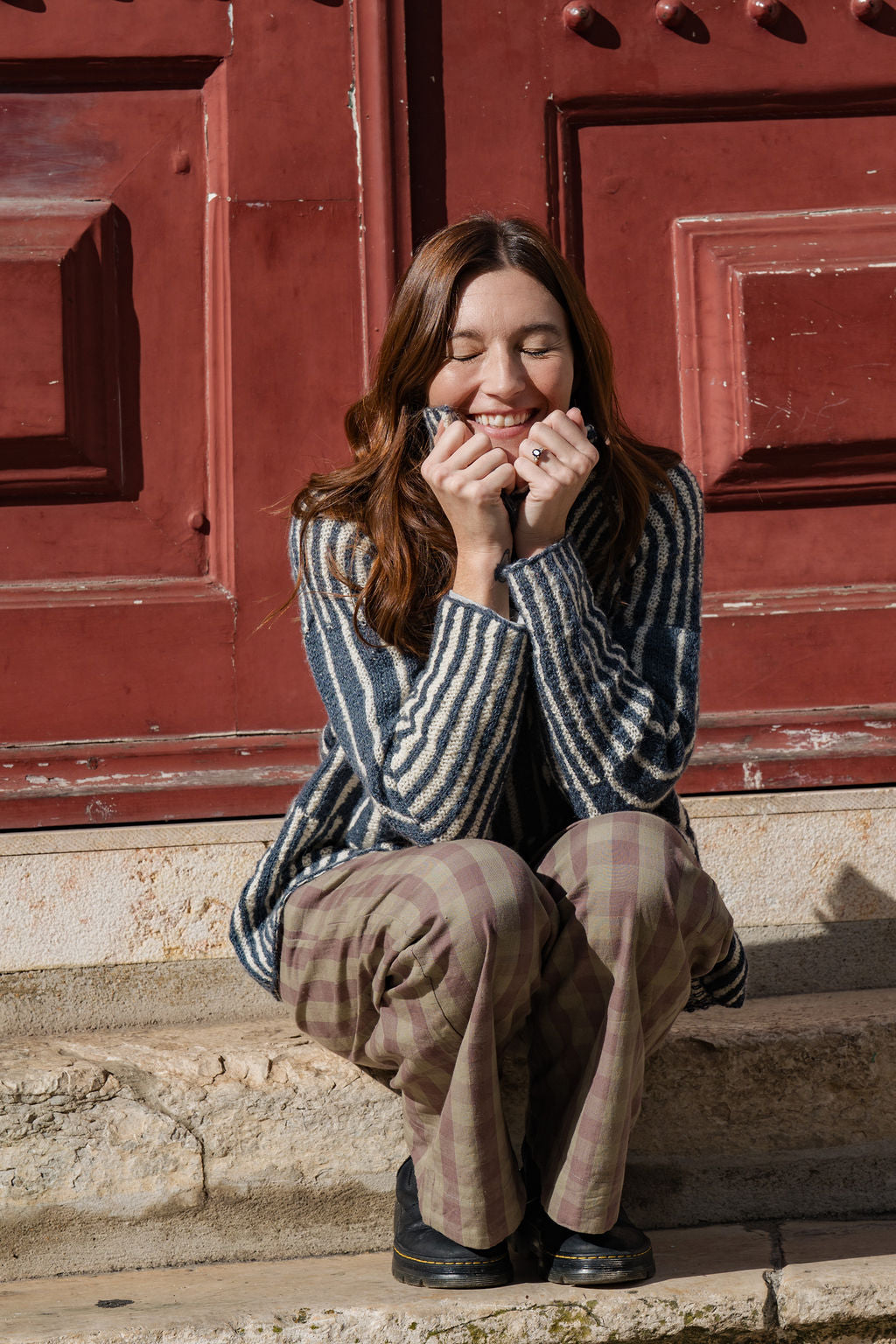 Tiff Oversized Wool Henley in Slate and Cream Made to Order