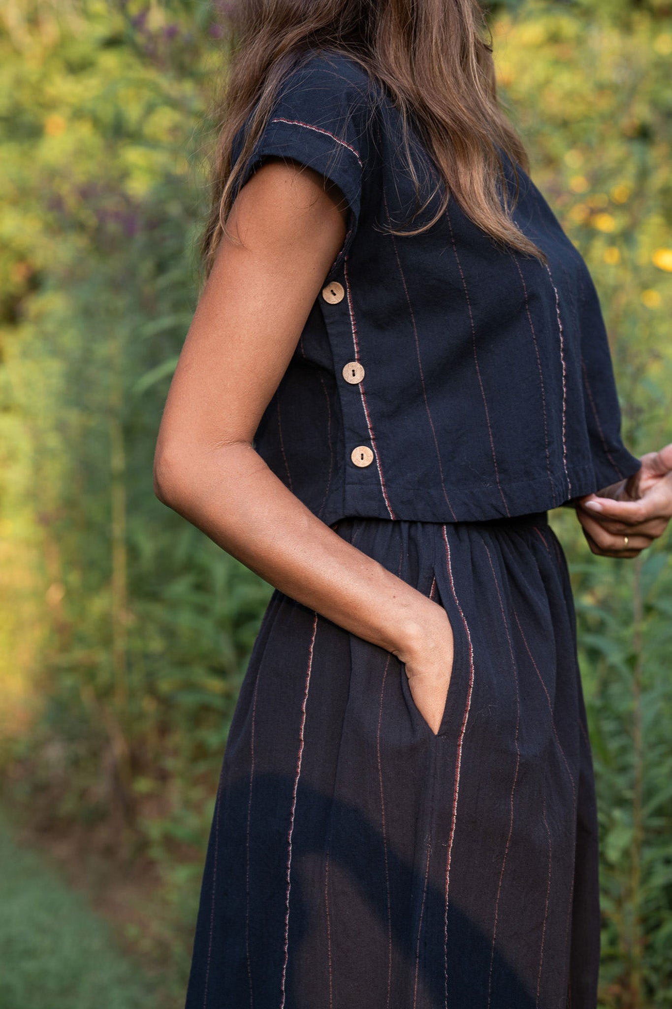 Perry Gathered Midi Skirt in Black Handwoven Cotton