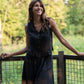 Perry Gathered Midi Skirt in Black Linen