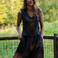 Perry Gathered Midi Skirt in Black Linen