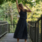 Perry Gathered Midi Skirt in Black Linen