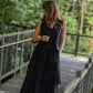 Perry Gathered Midi Skirt in Black Linen