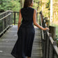 Perry Gathered Midi Skirt in Black Linen
