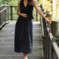 Perry Gathered Midi Skirt in Black Linen
