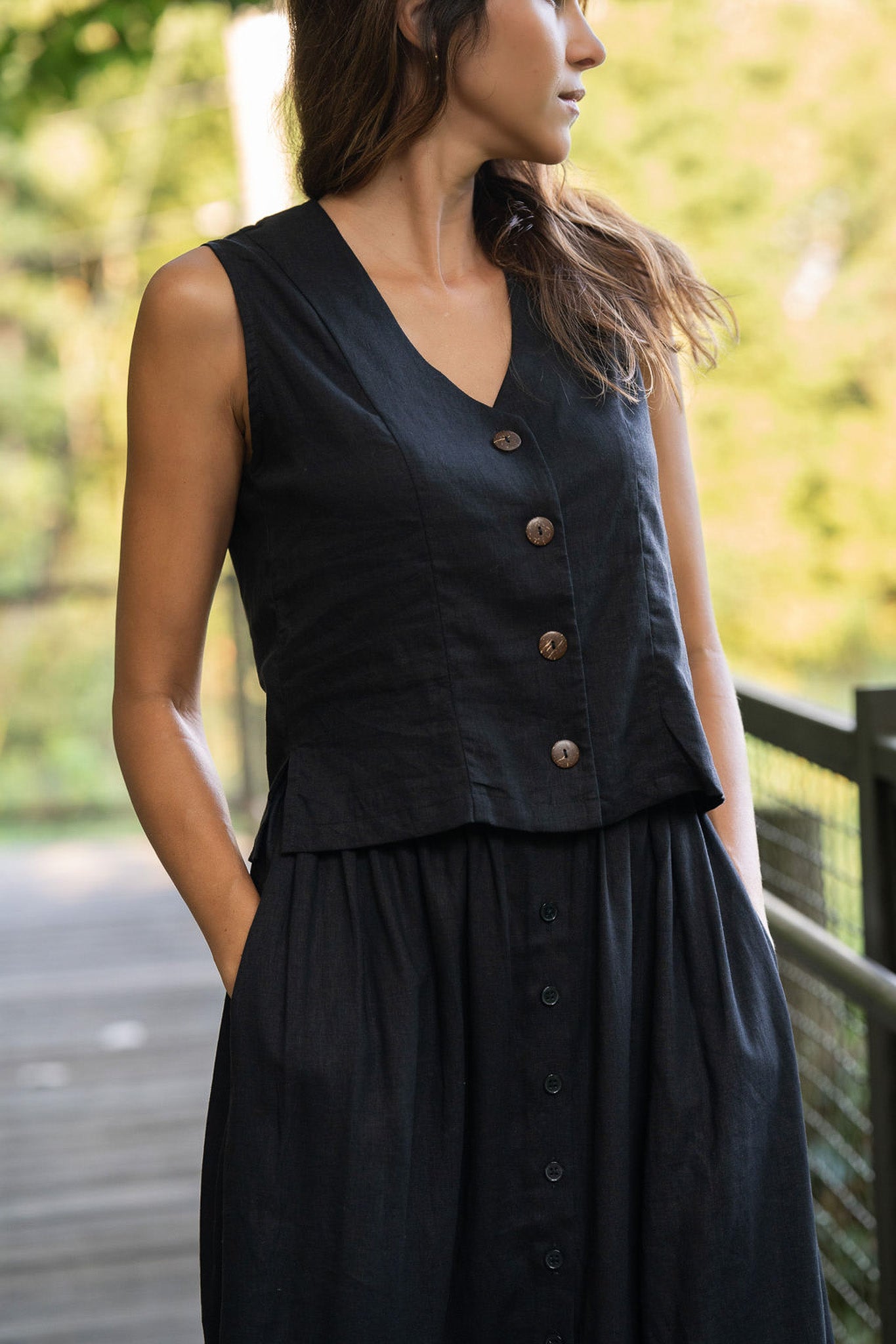 Perry Gathered Midi Skirt in Black Handwoven Cotton