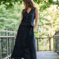 Perry Gathered Midi Skirt in Black Linen