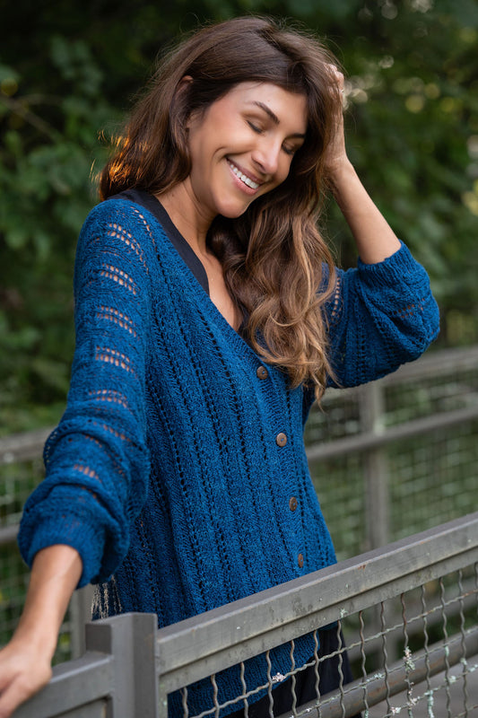 Trish Lace Cotton Sweater in Emerald Blue Made to Order