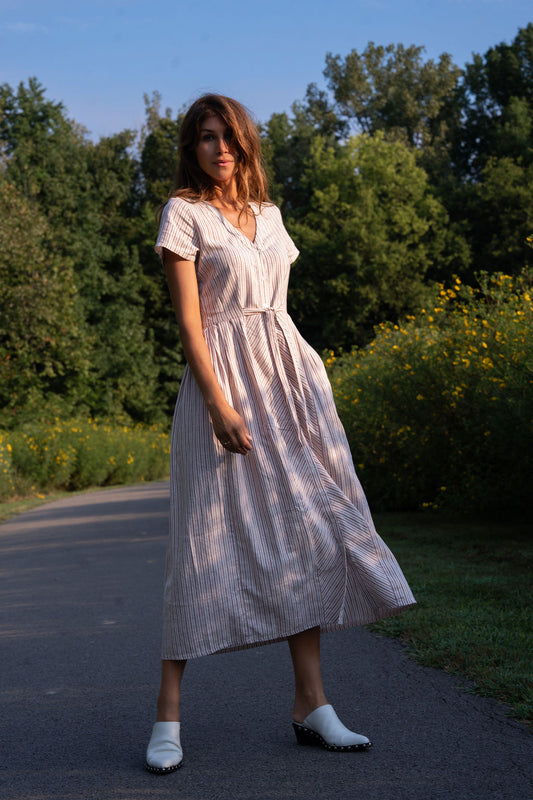 June Dress in Red and White Striped Linen