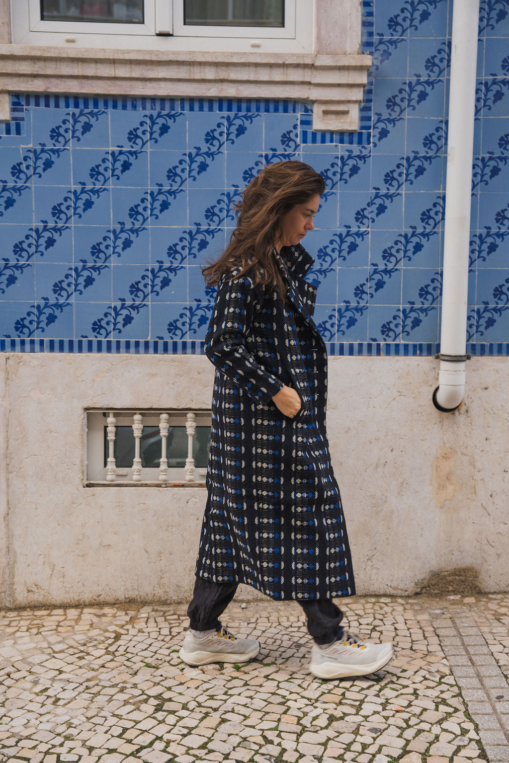 Portuguese Wool Polly Coat in Black and Cobalt Print Made to Order