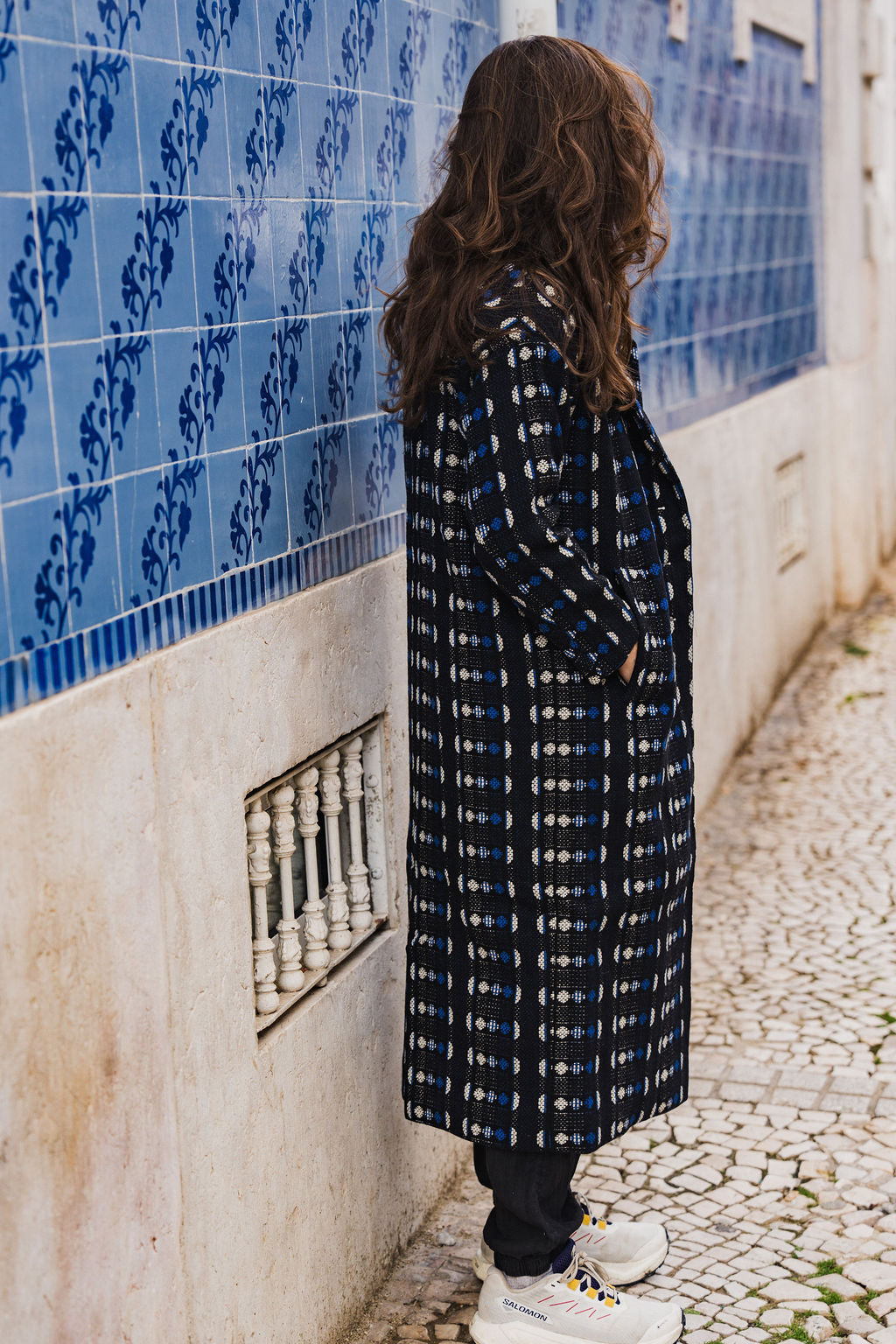Portuguese Wool Polly Coat in Black and Cobalt Print Made to Order