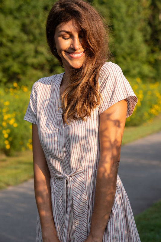 June Dress in Red and White Striped Linen