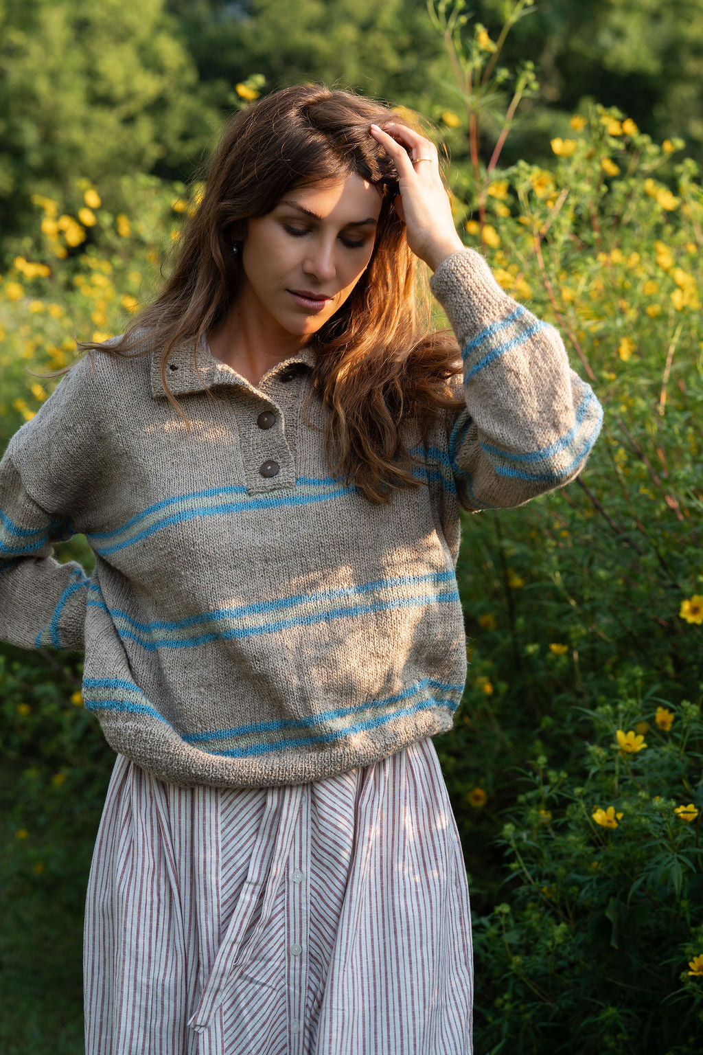 Imogene Oversized Wool Henley in Beige and Blue Made to Order