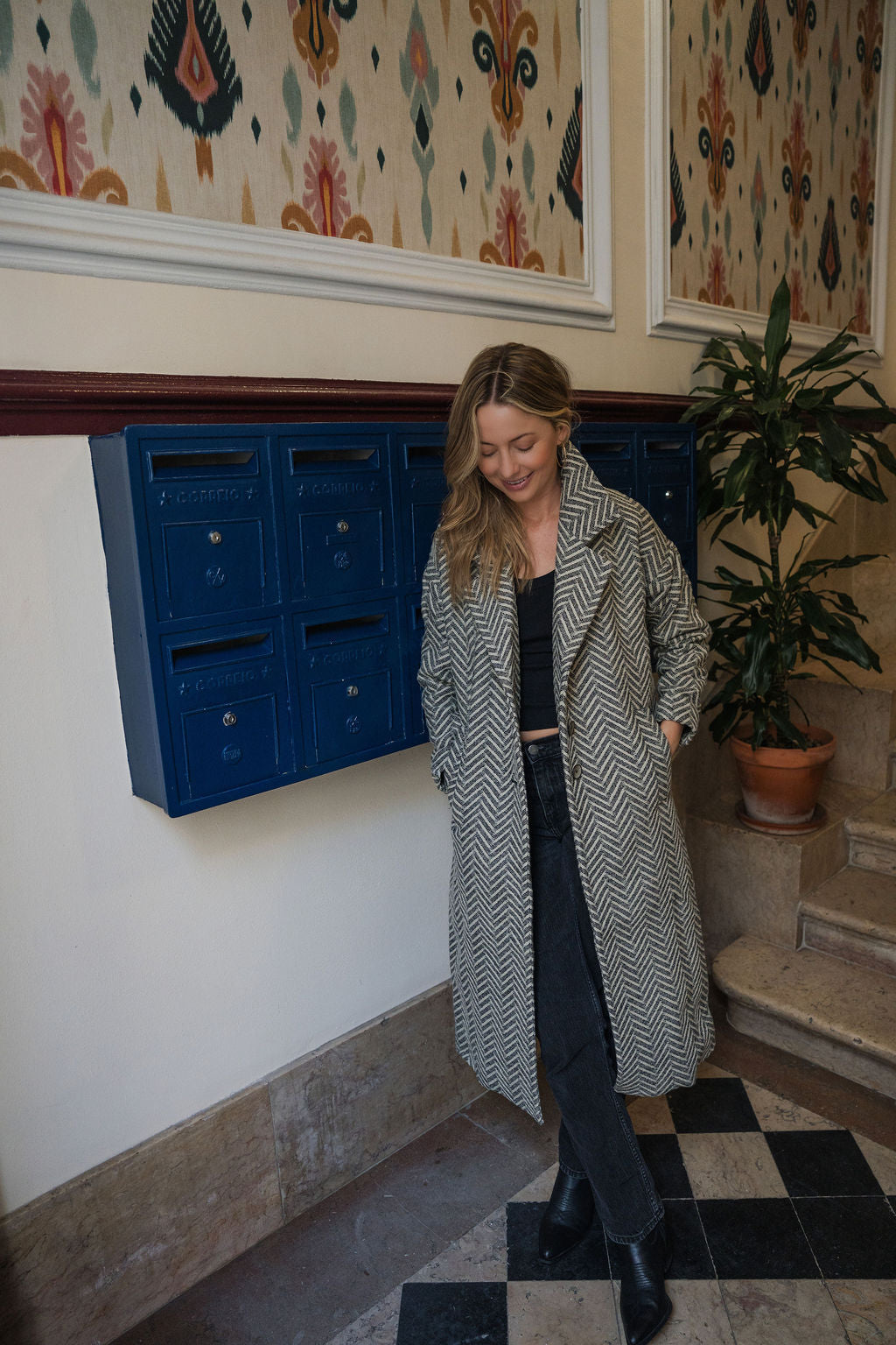 Portuguese Wool Polly Coat in Black and White Herringbone Made to Order