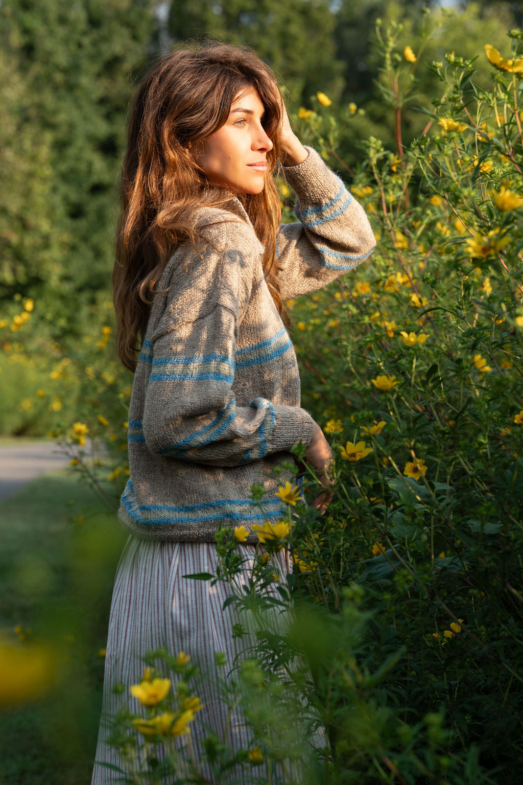 Imogene Oversized Wool Henley in Beige and Blue Made to Order