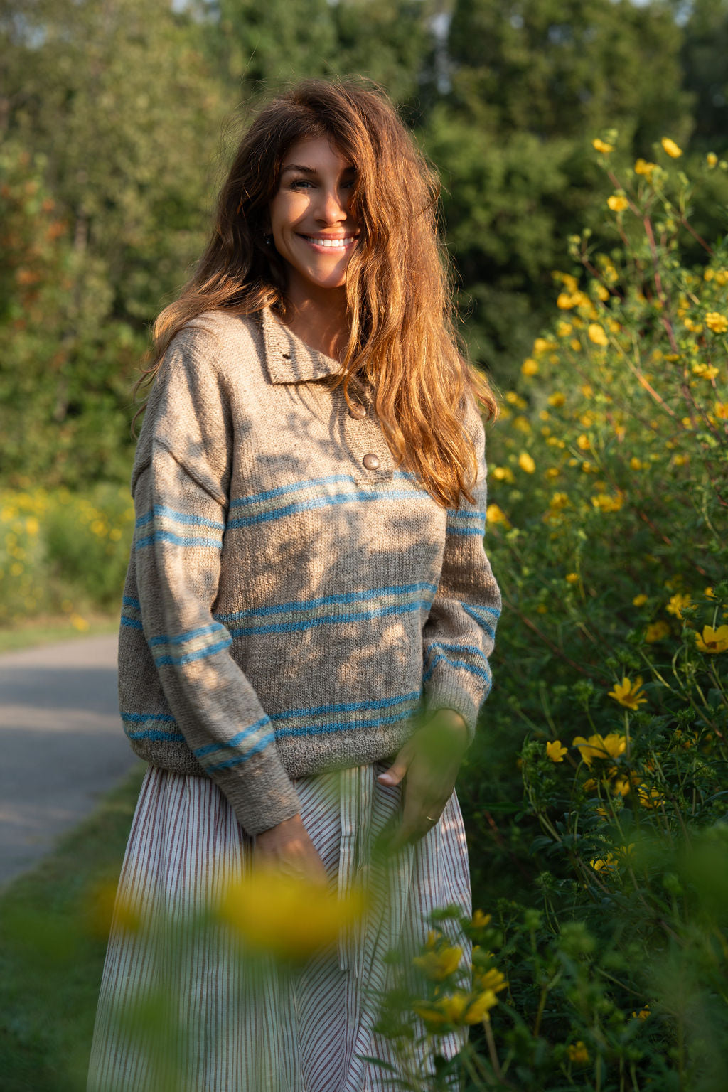 Imogene Oversized Wool Henley in Beige and Blue Made to Order