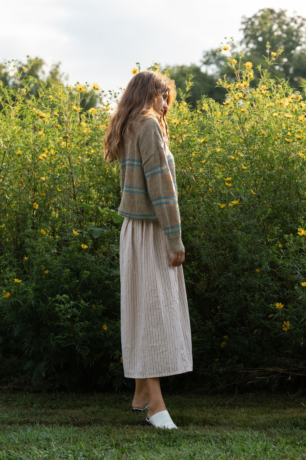 Imogene Oversized Wool Henley in Beige and Blue Made to Order