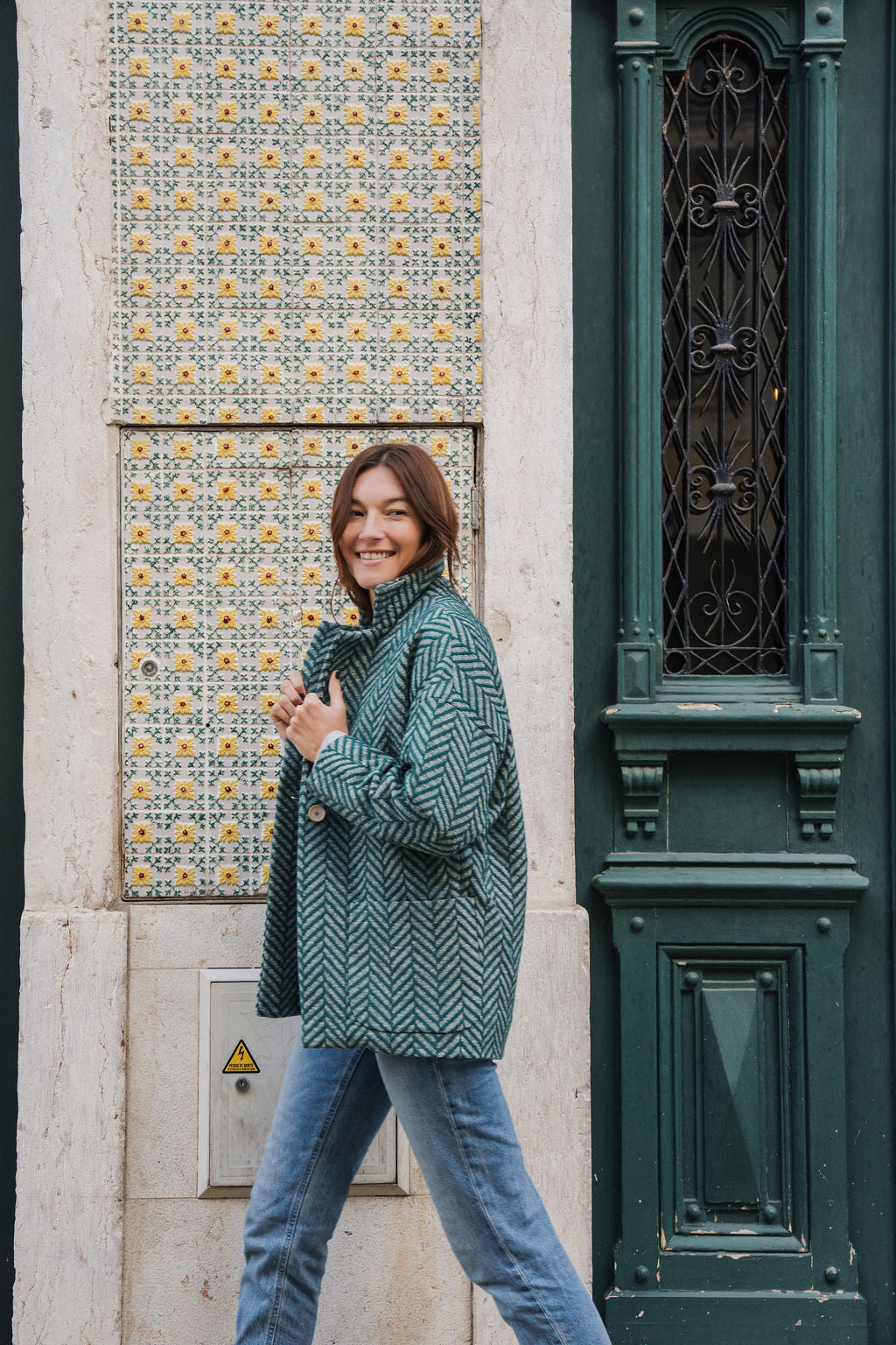 Portuguese Wool Pieper Coat in Teal Herringbone Made to Order