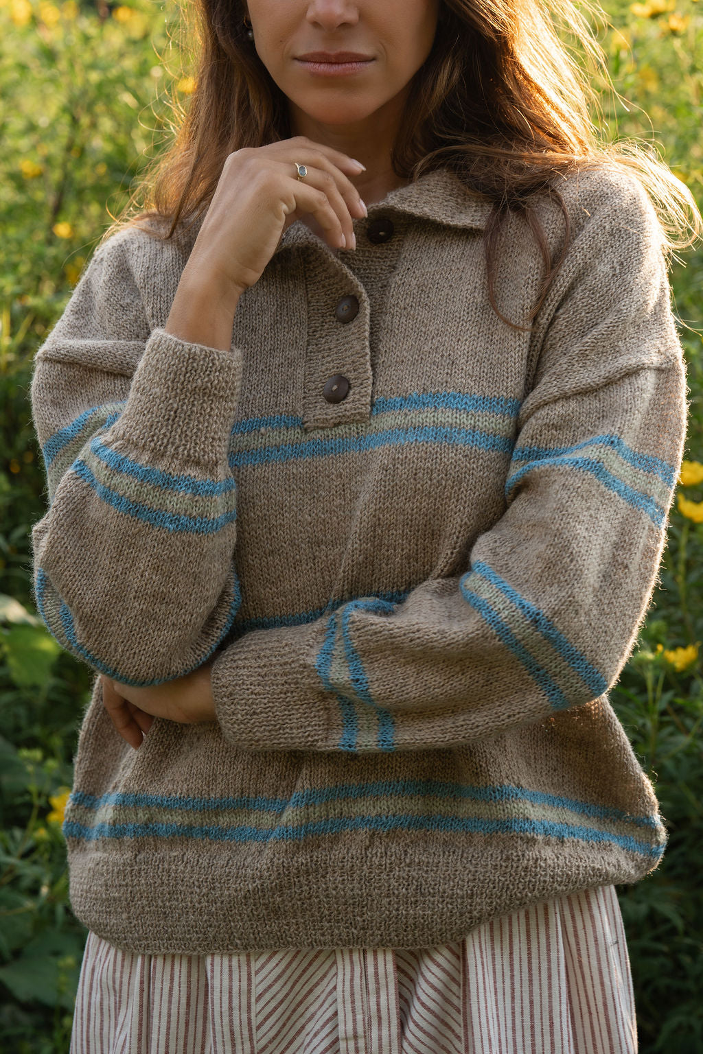 Imogene Oversized Wool Henley in Beige and Blue Made to Order