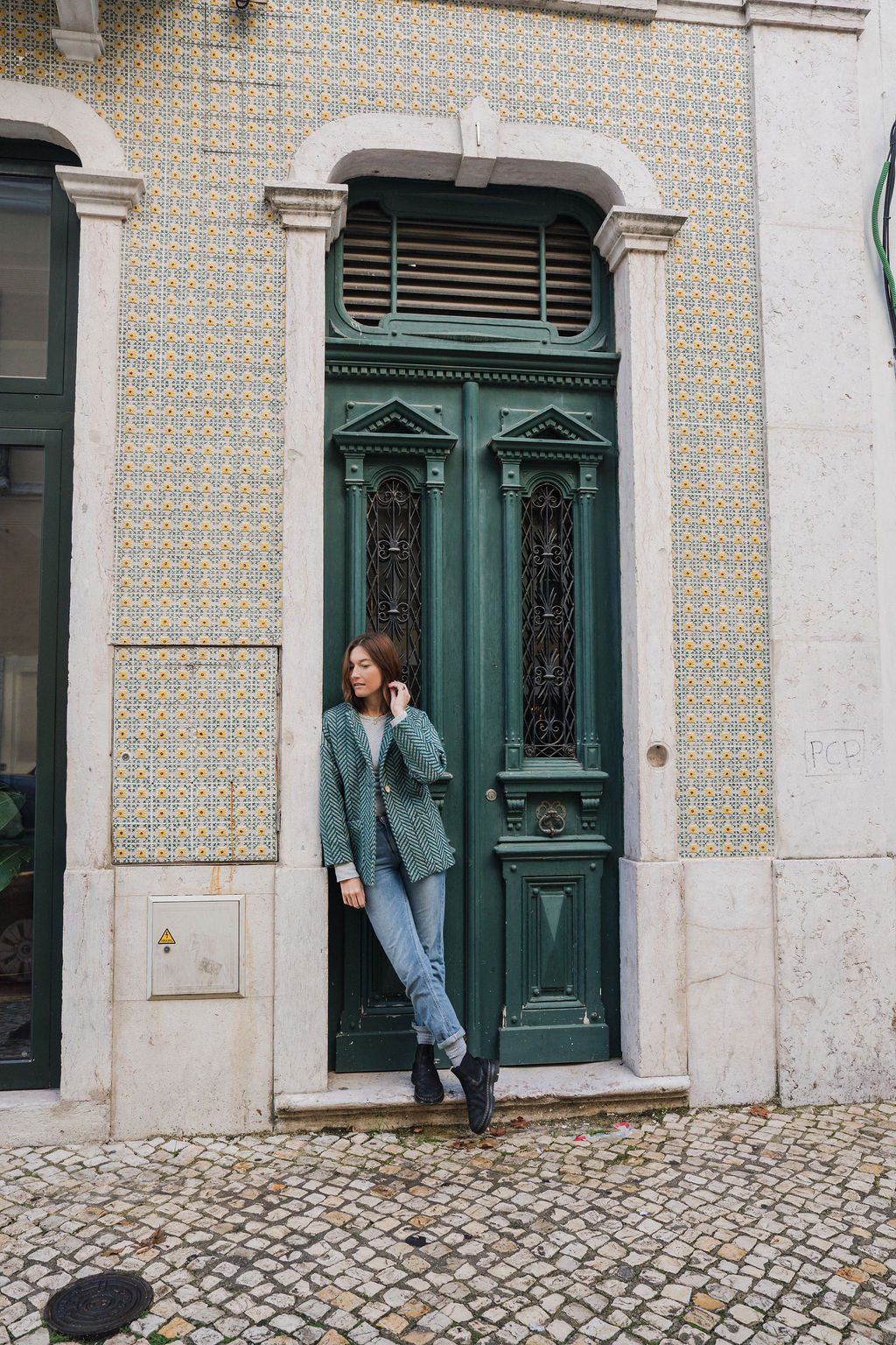 Portuguese Wool Pieper Coat in Teal Herringbone Made to Order