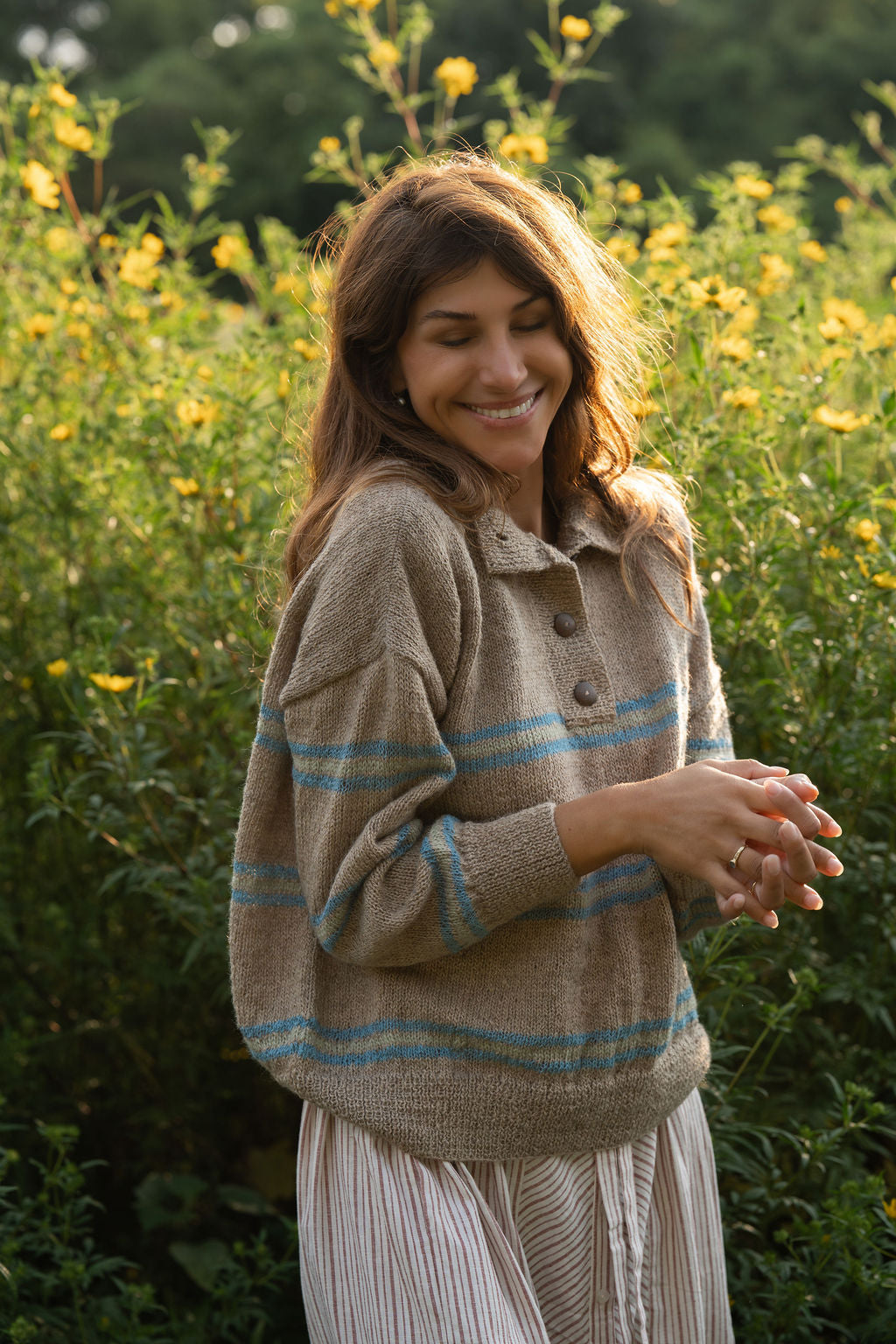 Imogene Oversized Wool Henley in Beige and Blue Made to Order