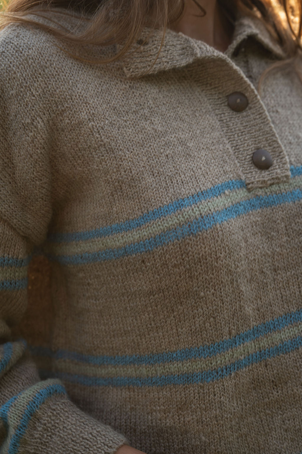 Imogene Oversized Wool Henley in Beige and Blue Made to Order