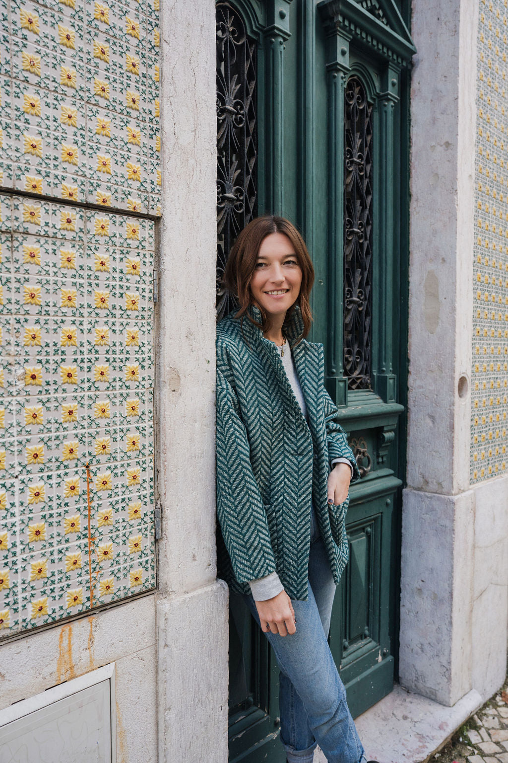 Portuguese Wool Pieper Coat in Teal Herringbone Made to Order