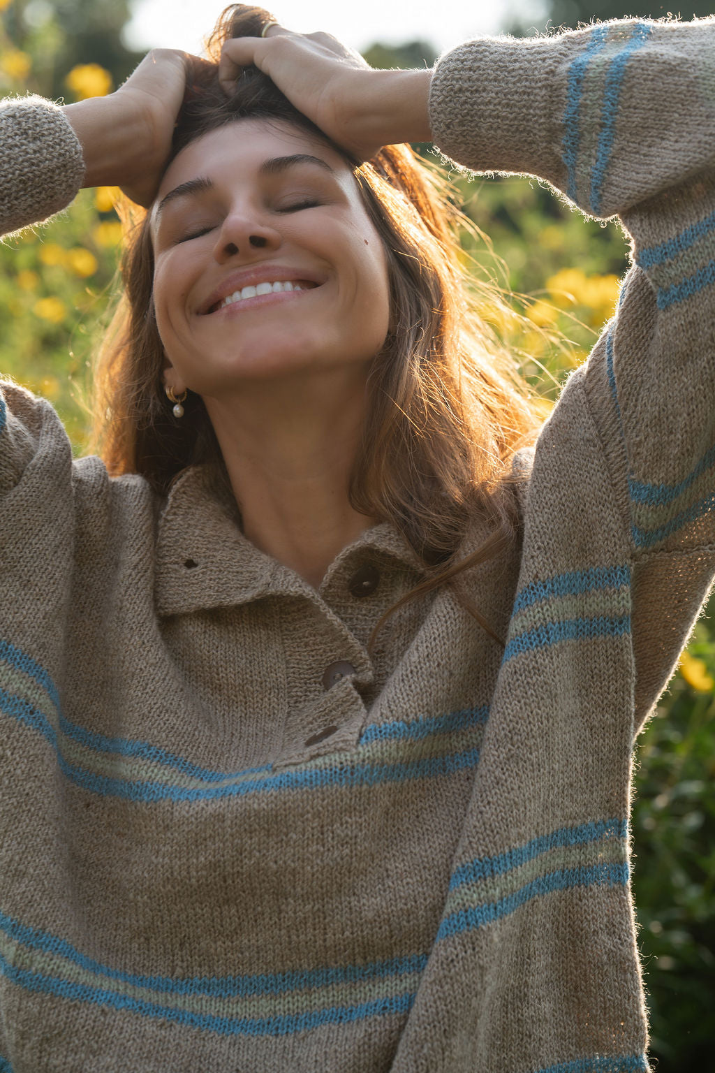 Imogene Oversized Wool Henley in Beige and Blue Made to Order