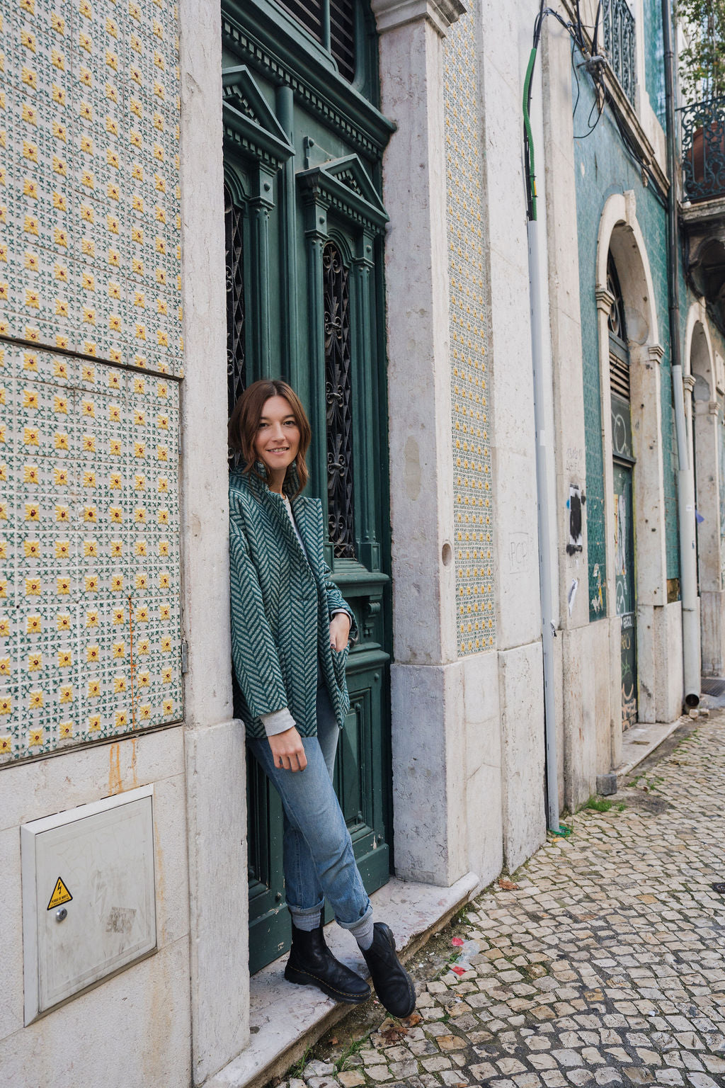 Portuguese Wool Pieper Coat in Teal Herringbone Made to Order