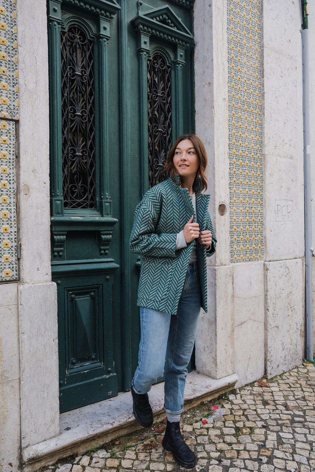 Portuguese Wool Pieper Coat in Teal Herringbone Made to Order