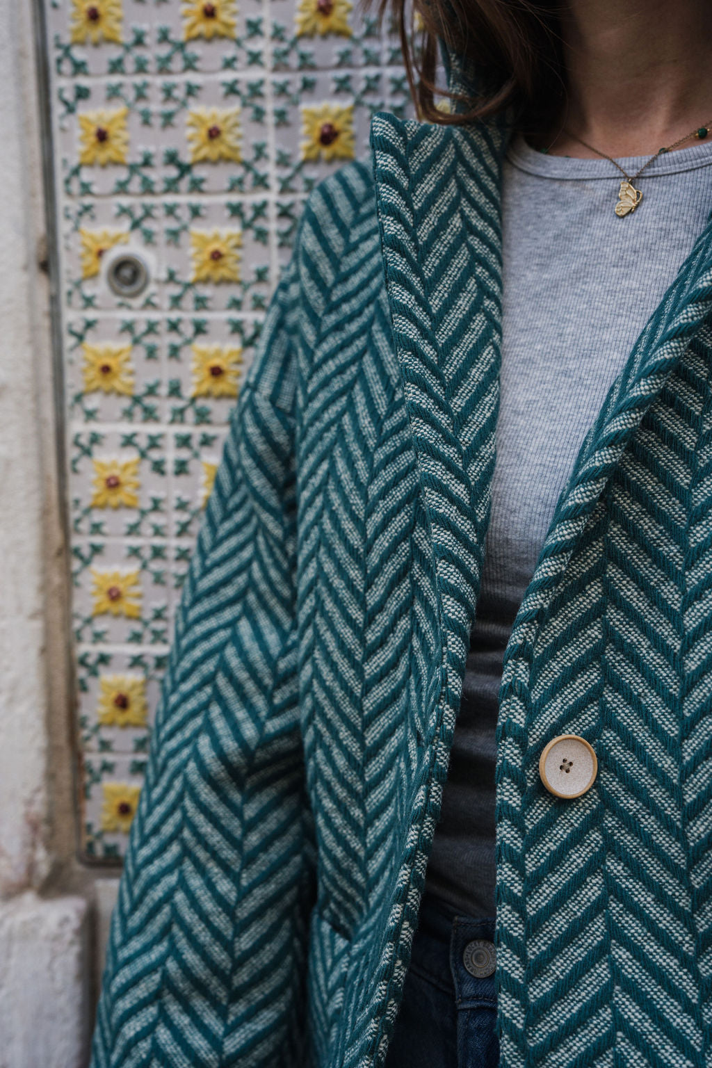 Portuguese Wool Pieper Coat in Teal Herringbone Made to Order
