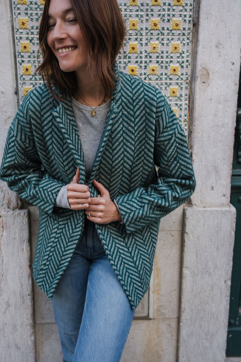 Portuguese Wool Pieper Coat in Teal Herringbone Made to Order