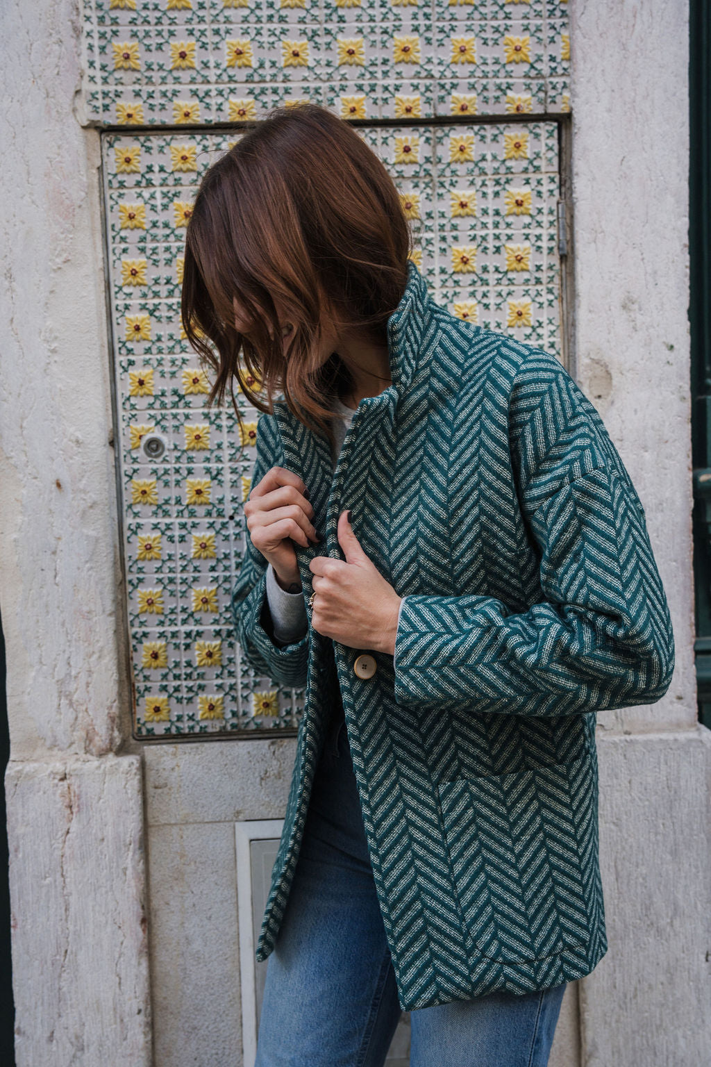 Portuguese Wool Pieper Coat in Teal Herringbone Made to Order