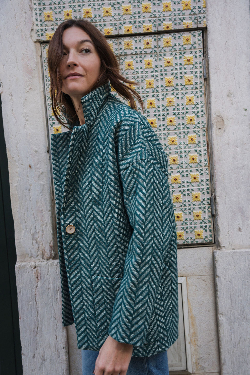 Portuguese Wool Pieper Coat in Teal Herringbone Made to Order