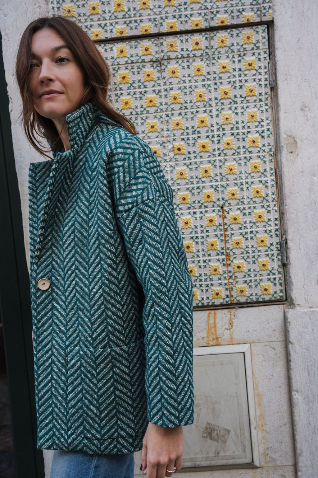 Portuguese Wool Pieper Coat in Teal Herringbone Made to Order