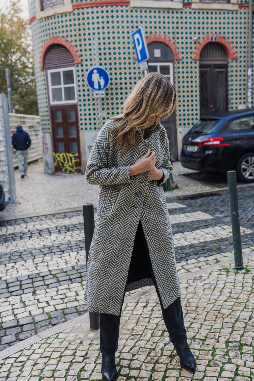 Portuguese Wool Polly Coat in Black and White Herringbone Made to Order