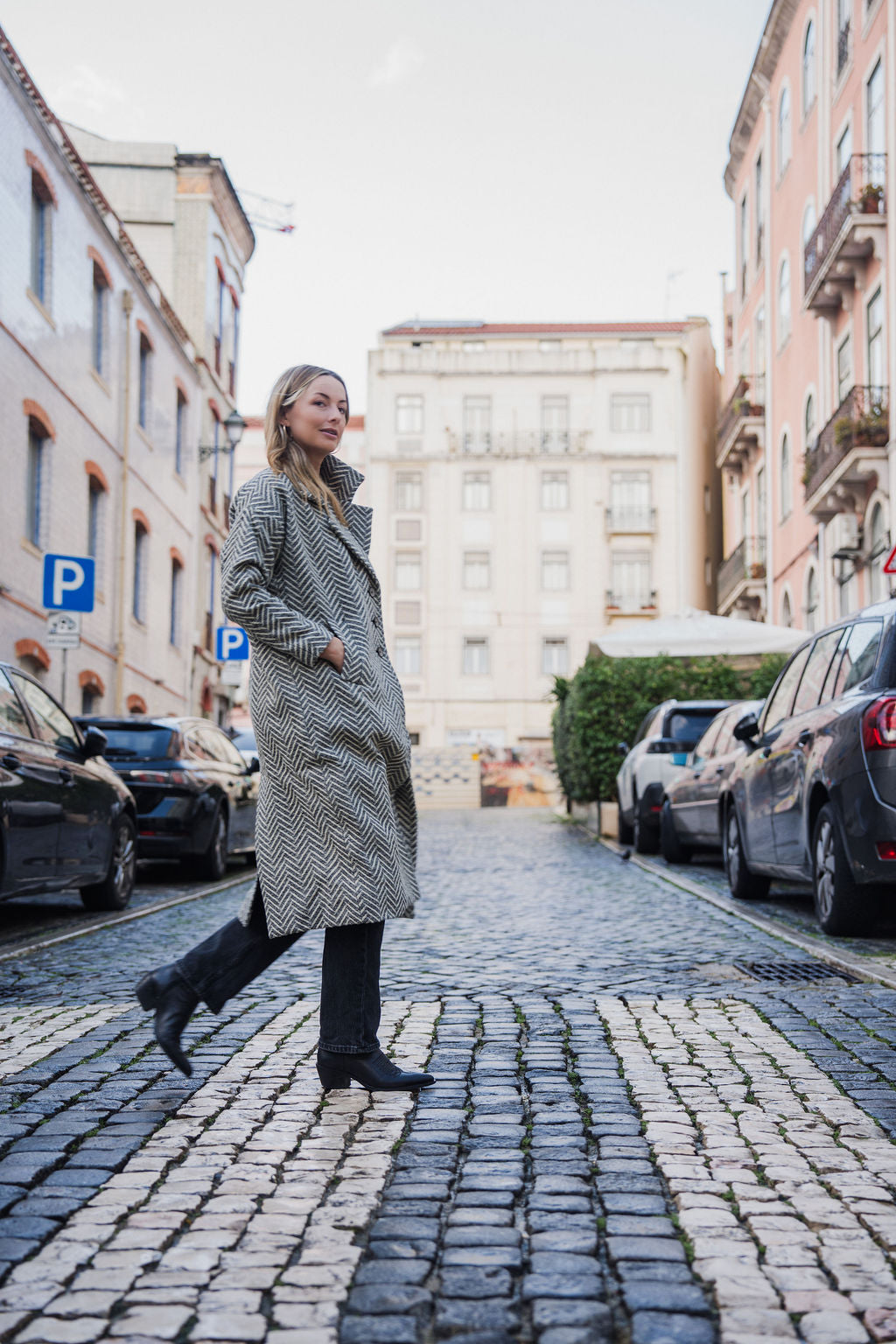 Portuguese Wool Polly Coat in Black and White Herringbone Made to Order