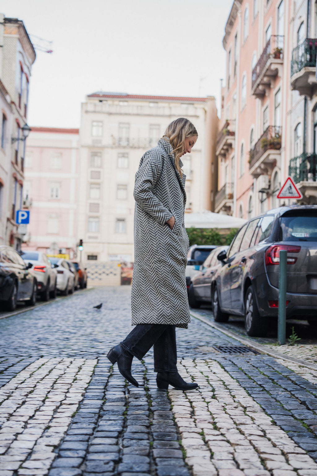 Portuguese Wool Polly Coat in Black and White Herringbone Made to Order