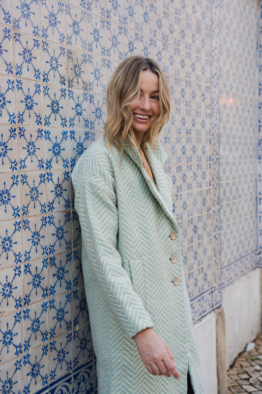 Portuguese Wool Polly Coat in Mint Herringbone Made to Order February