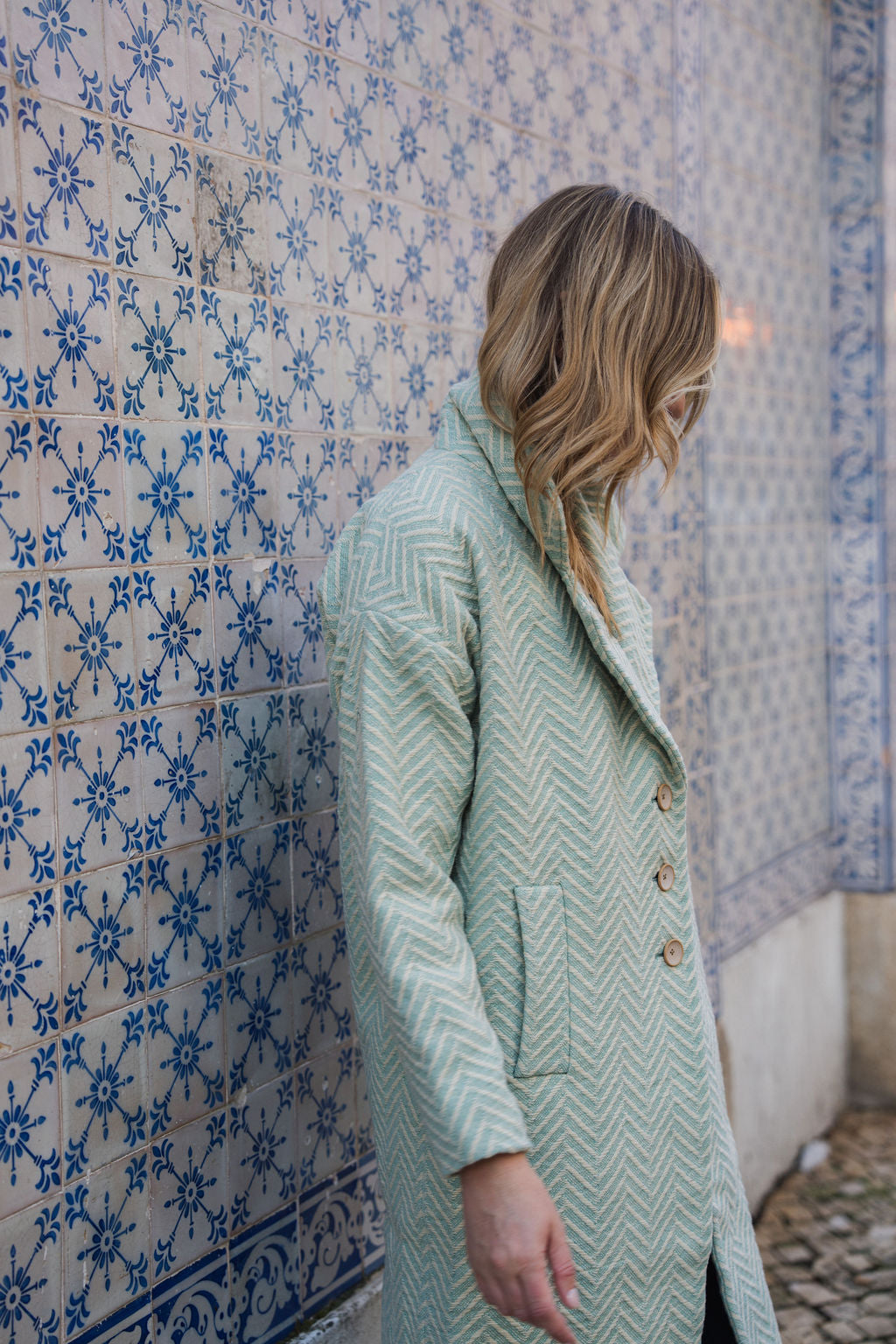 Portuguese Wool Polly Coat in Mint Herringbone Made to Order