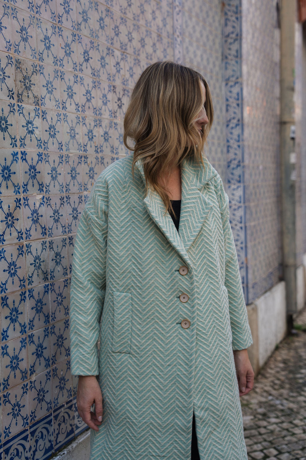 Portuguese Wool Polly Coat in Mint Herringbone Made to Order