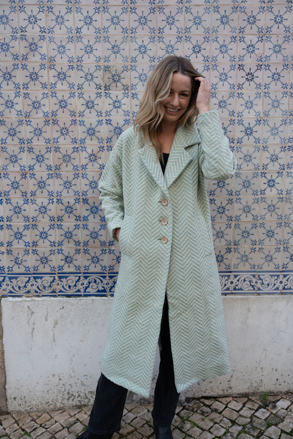 Portuguese Wool Polly Coat in Mint Herringbone Made to Order