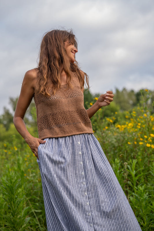 Lindy Hand Knit Cotton Lace Tank in Mauve Brown