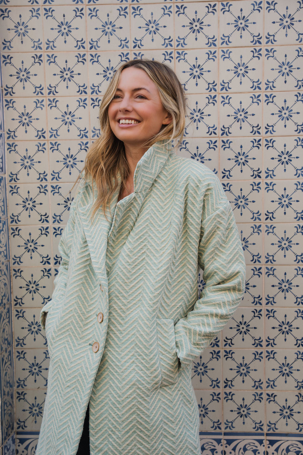 Portuguese Wool Polly Coat in Mint Herringbone Made to Order