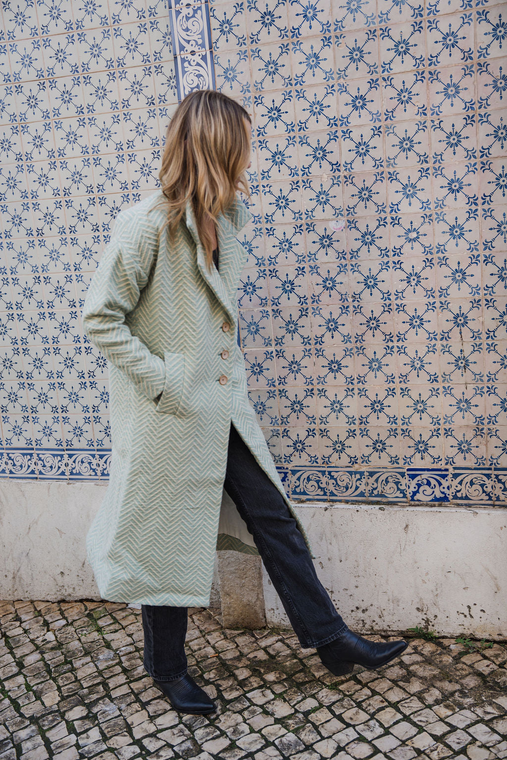 Portuguese Wool Polly Coat in Mint Herringbone Made to Order