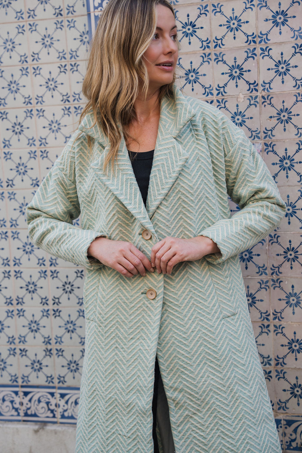 Portuguese Wool Polly Coat in Mint Herringbone Made to Order