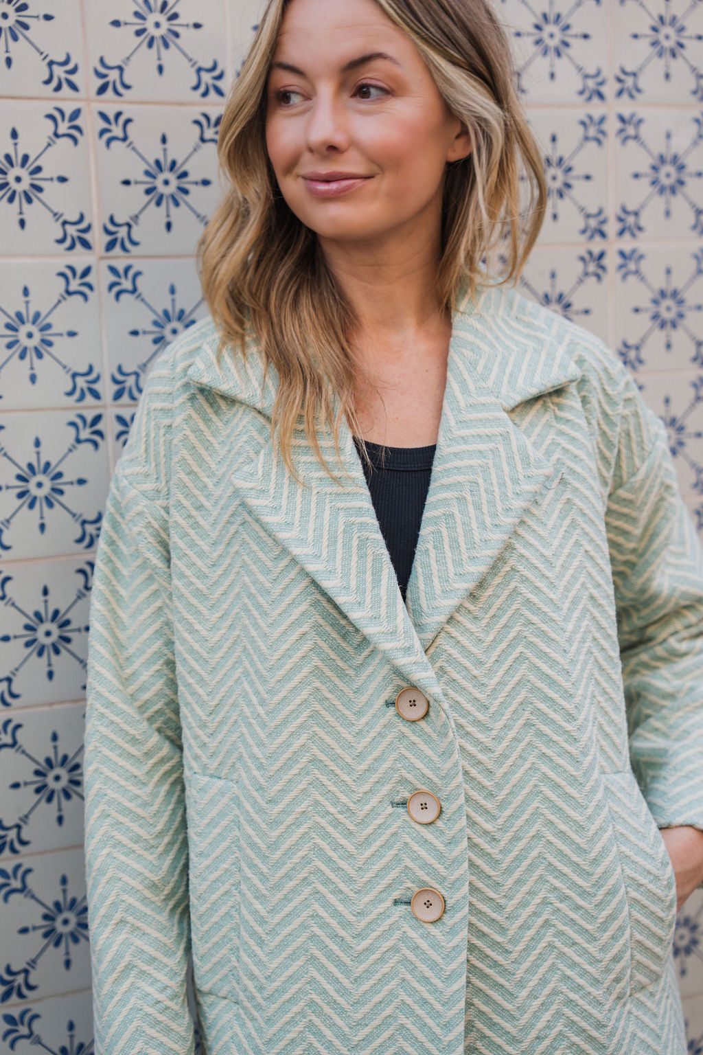 Portuguese Wool Polly Coat in Mint Herringbone Made to Order