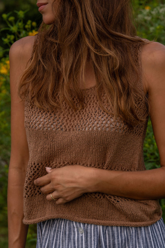 Lindy Hand Knit Cotton Lace Tank in Mauve Brown