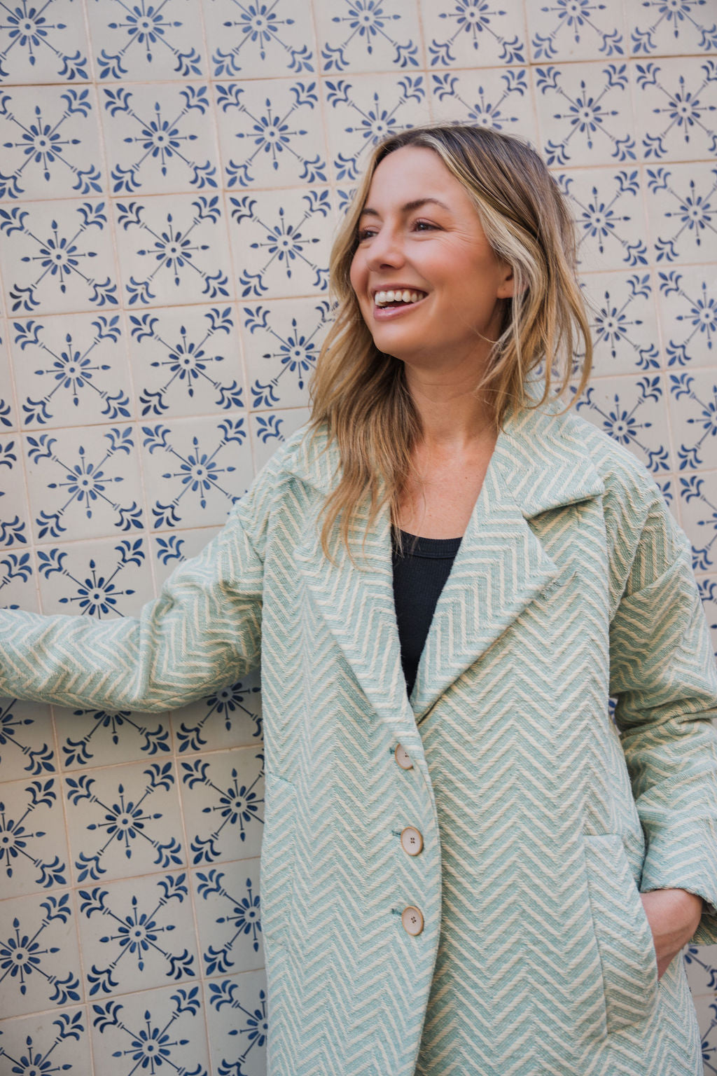 Portuguese Wool Polly Coat in Mint Herringbone Made to Order