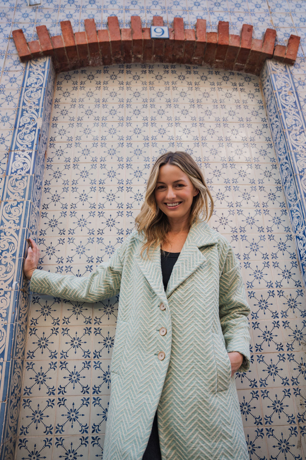 Portuguese Wool Polly Coat in Mint Herringbone Made to Order