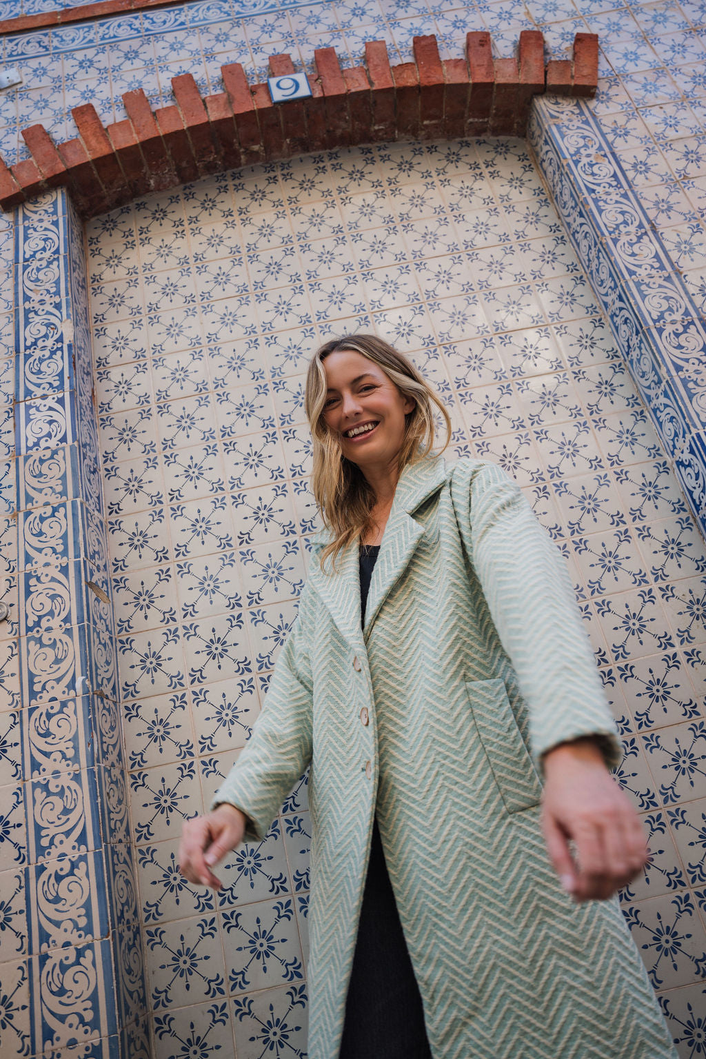 Portuguese Wool Polly Coat in Mint Herringbone Made to Order